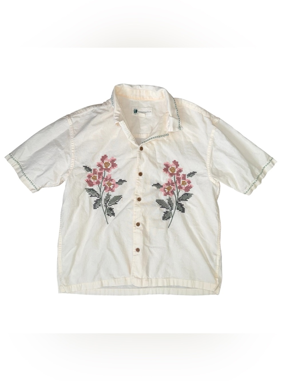 Aeropostale Vintage Floral Embroidered Linen Blend Cream Button-Up